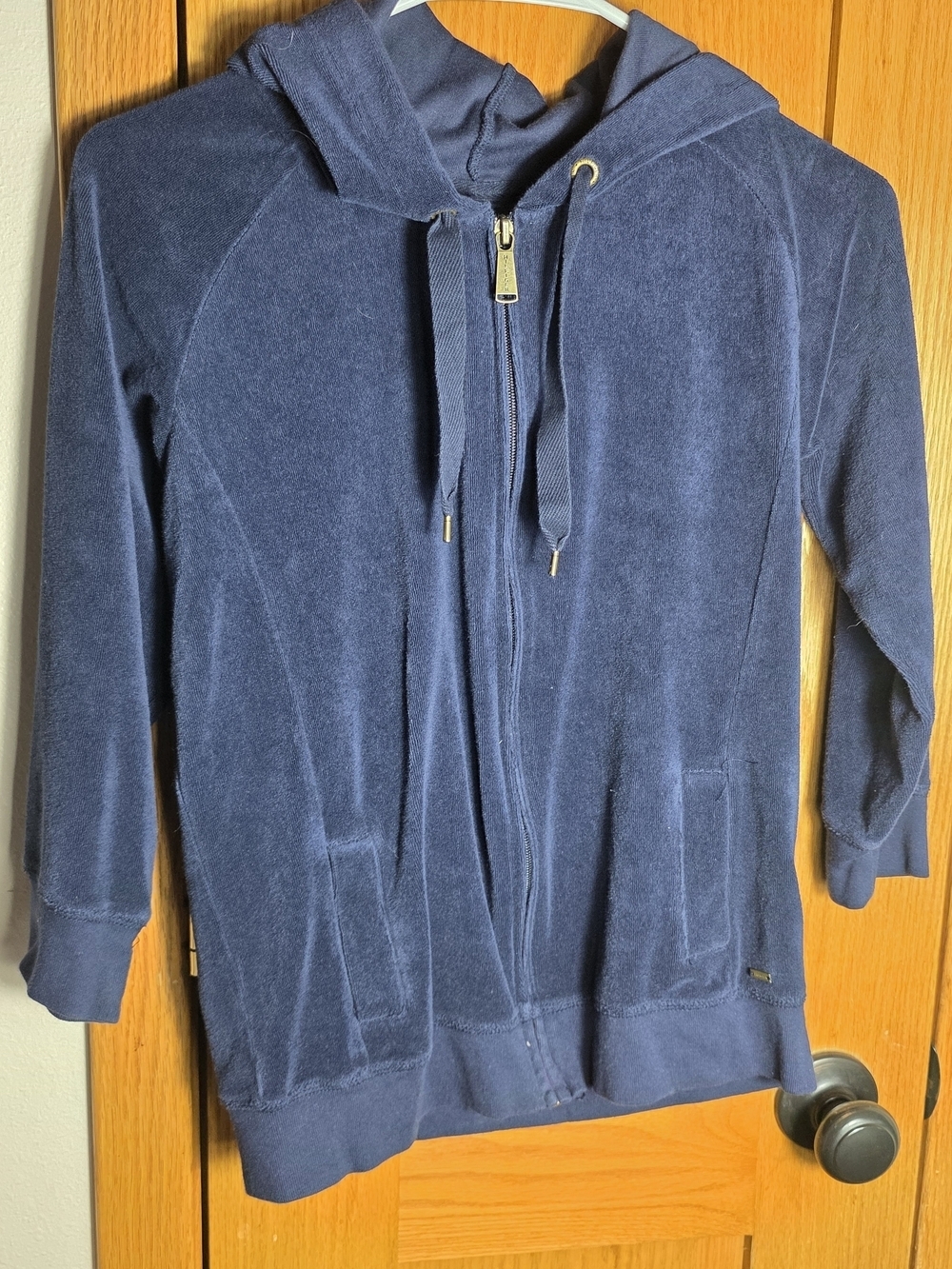 Tommy Hilfiger Women's Navy Blue Zip-Up Hooded Sweater Medium Y2K Preppy 90's